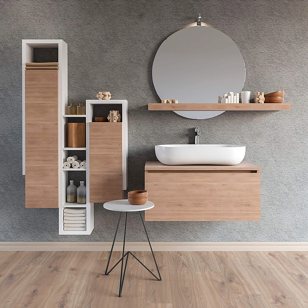 Bathroom Washbasin Composition with Wood and White Ceramic
