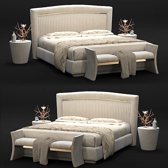 Upholstered Bed Set with Pleated Headboard and Matching Bench
