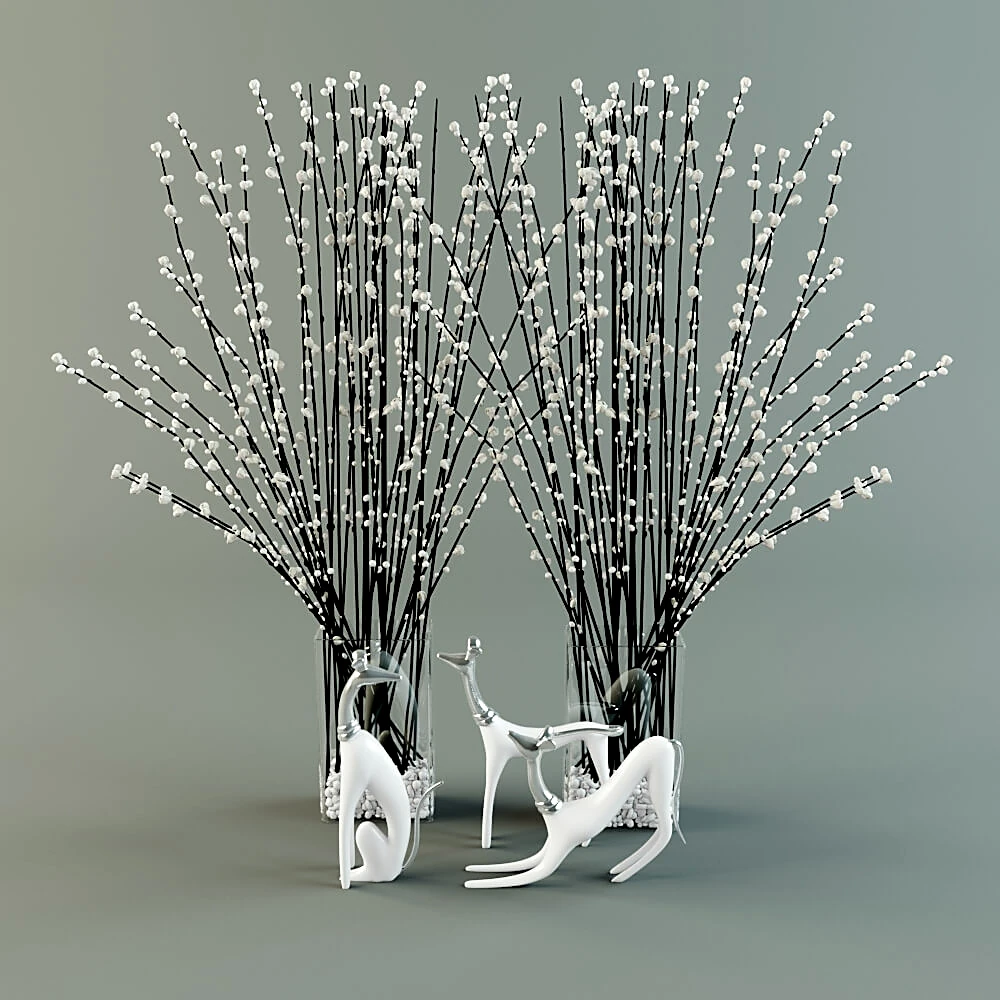 Decorative Plant Arrangement with White Buds and Animal Figurines