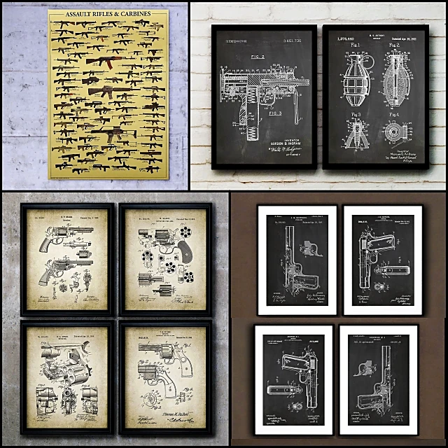 Framed Pictures with Weapon Schematics