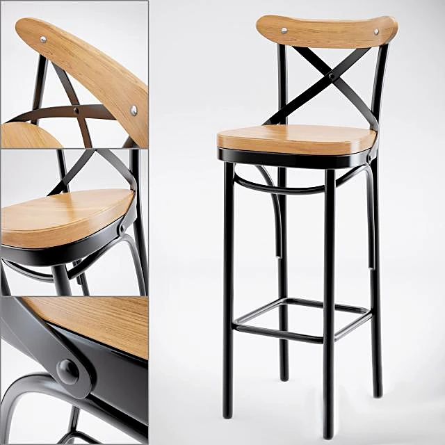 Bar Stool with Dark Metal Frame and Wood Seat
