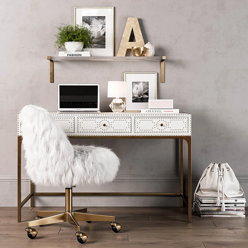 Kitson White Studded Desk and Faux Fur Chair Set