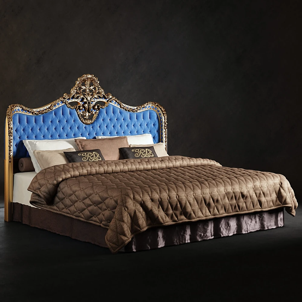 Ornate Bed with Blue Tufted Headboard