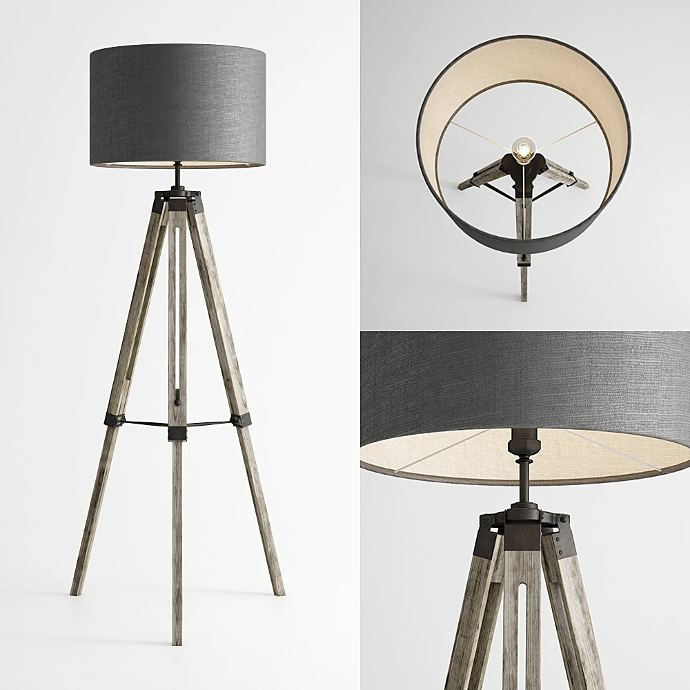 Tripod Floor Lamp with Wooden Base and Grey Shade
