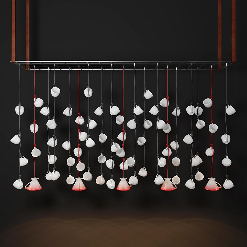 Chandelier with Ceramic Cups and Red Lights