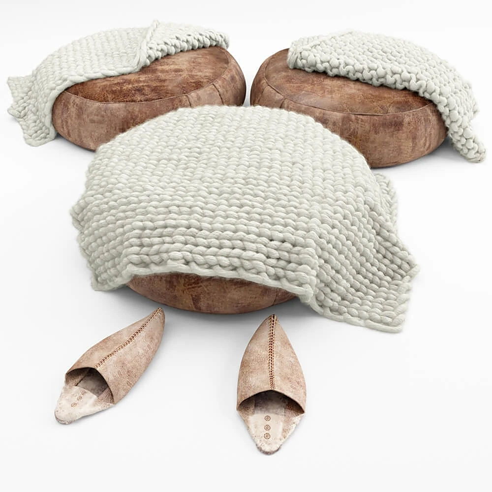 Distressed Leather Pouf with Knit Throw