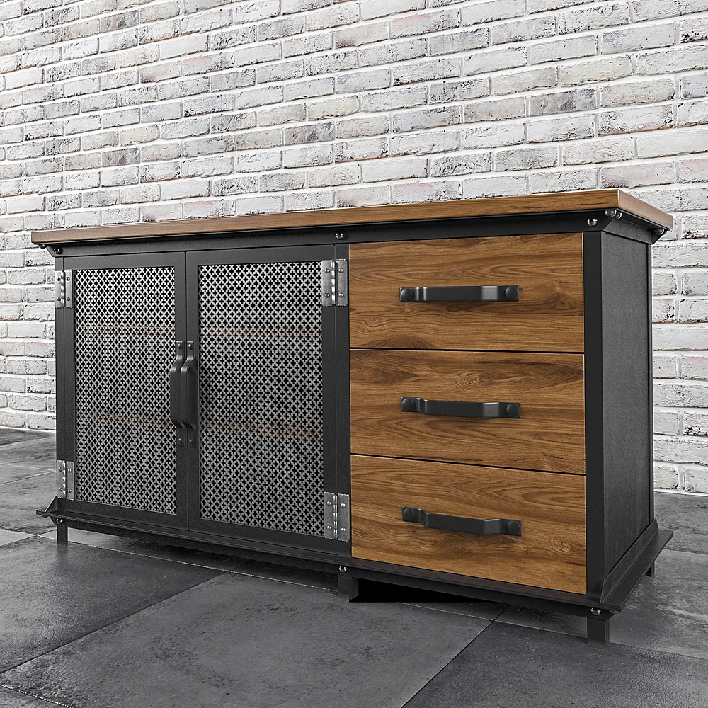 Industrial Console Chest of Drawers with Perforated Metal Doors