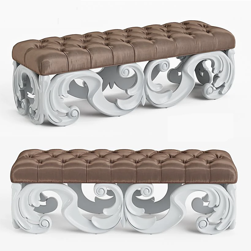 Tufted Bench with Ornate Carved Base