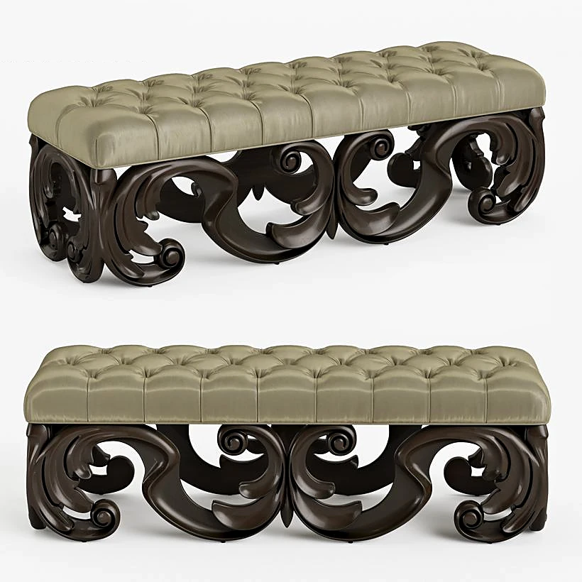 Tufted Bench with Ornate Carved Base (2)