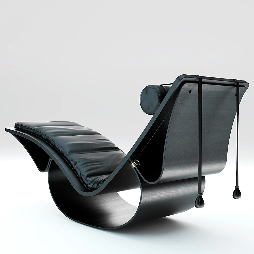 Chaise Lounge with Curved Black Wood and Leather