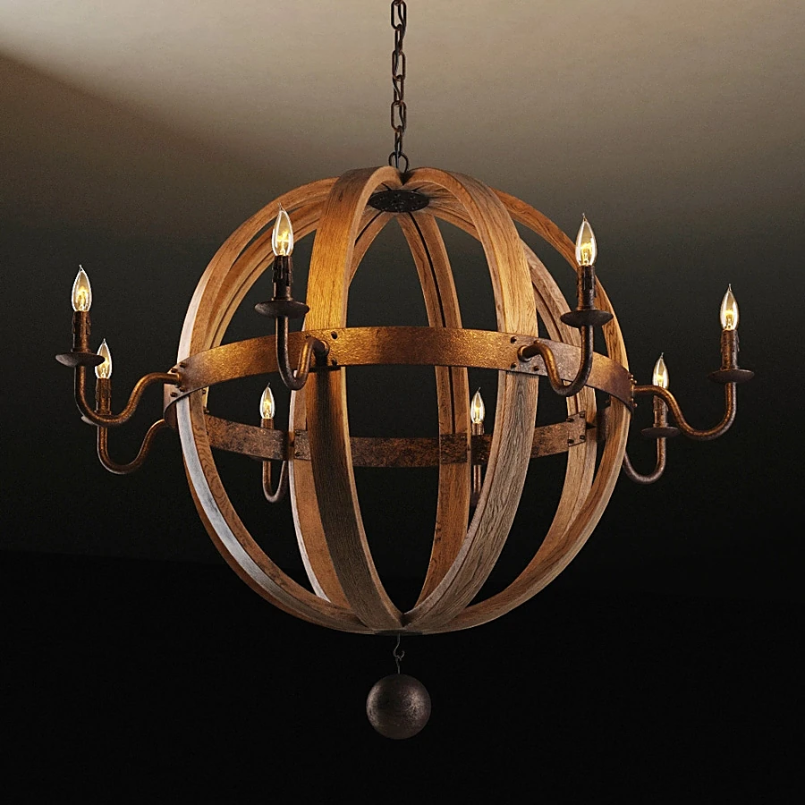 Chandelier with Spherical Wooden Frame and Metal Arms
