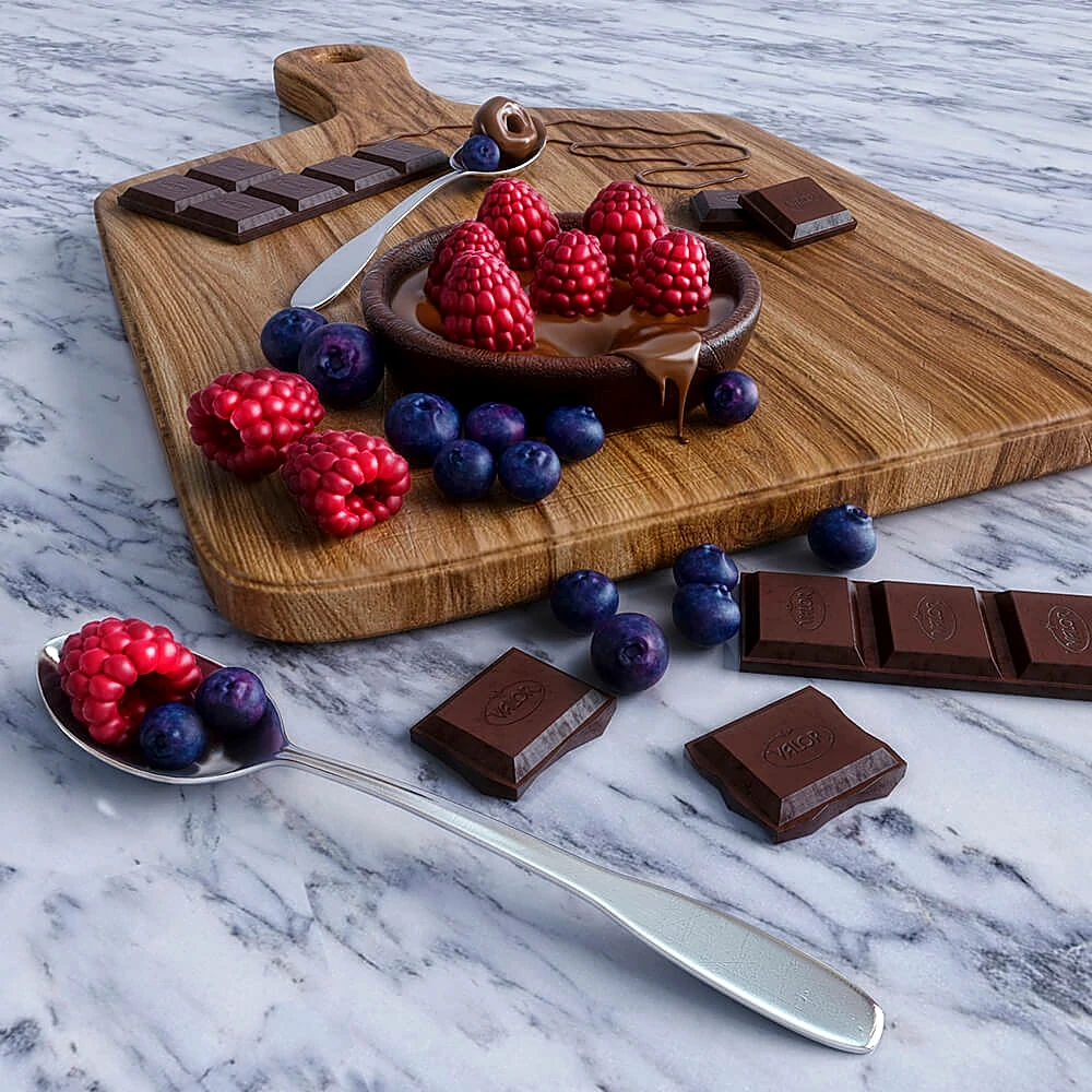 Food Set with Raspberries, Blueberries, and Chocolate