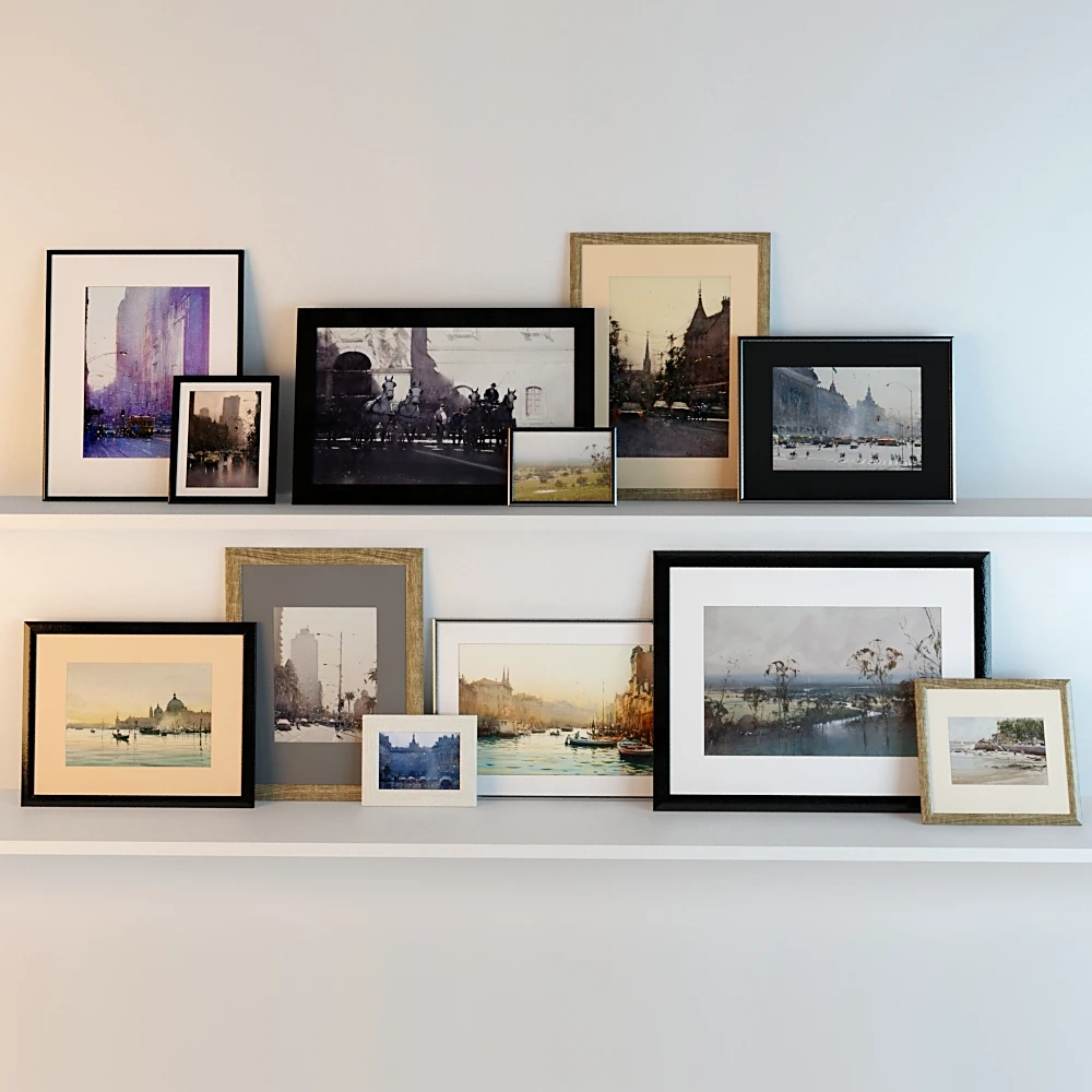 Picture frames set with varied artworks and styles