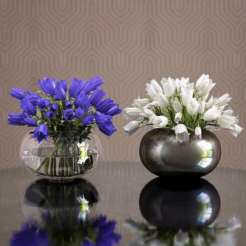 Bouquet of Flowers with Glass and Metallic Vases