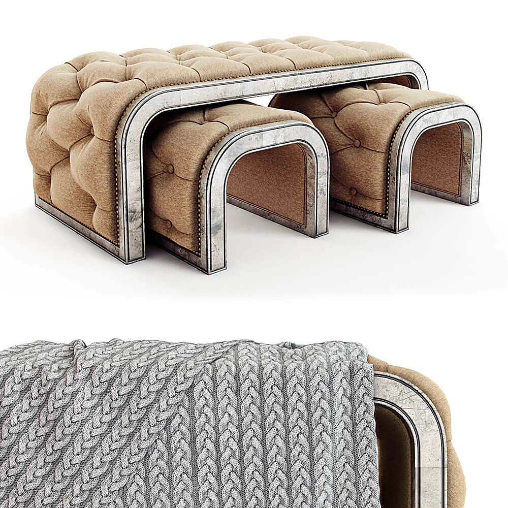 Tufted Ottoman Set with Distressed Metal Frame
