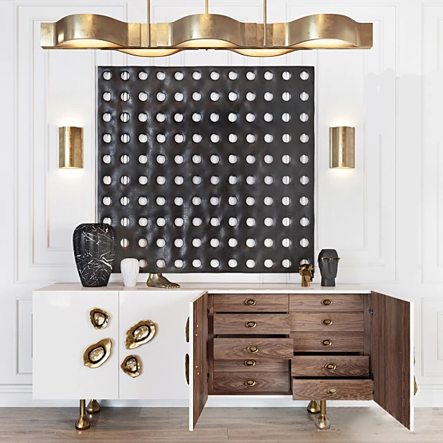 Sideboard with Organic Gold Handles and White Lacquer
