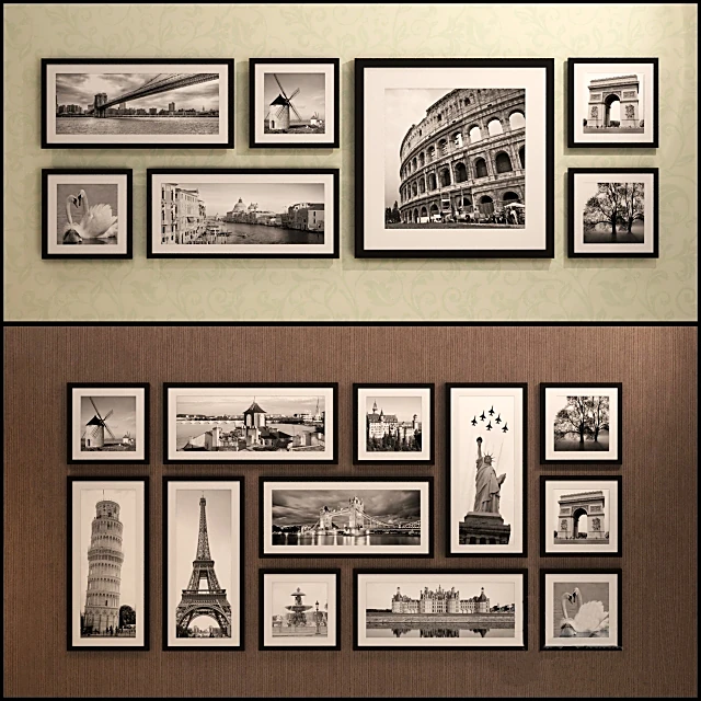 Collection of framed pictures with black and white photography