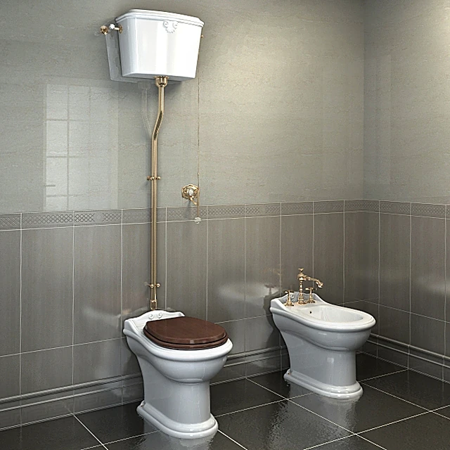 High-Level Toilet and Bidet Set with Classic Design and Brass Fittings