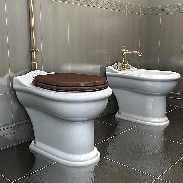 High-Level Toilet and Bidet Set with Classic Design and Brass Fittings (2)