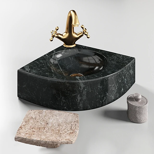 Corner Washbasin with Dark Green Marble and Classic Brass Faucet