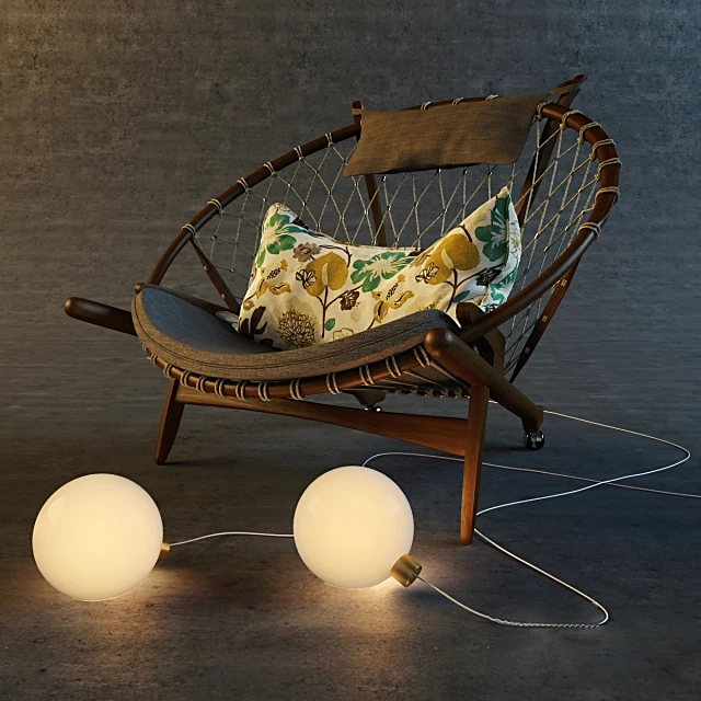 Armchair with Woven Back and Spherical Lamps