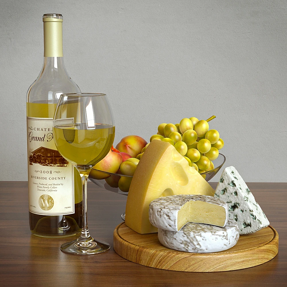White Wine and Cheese Set with Grapes and Peaches