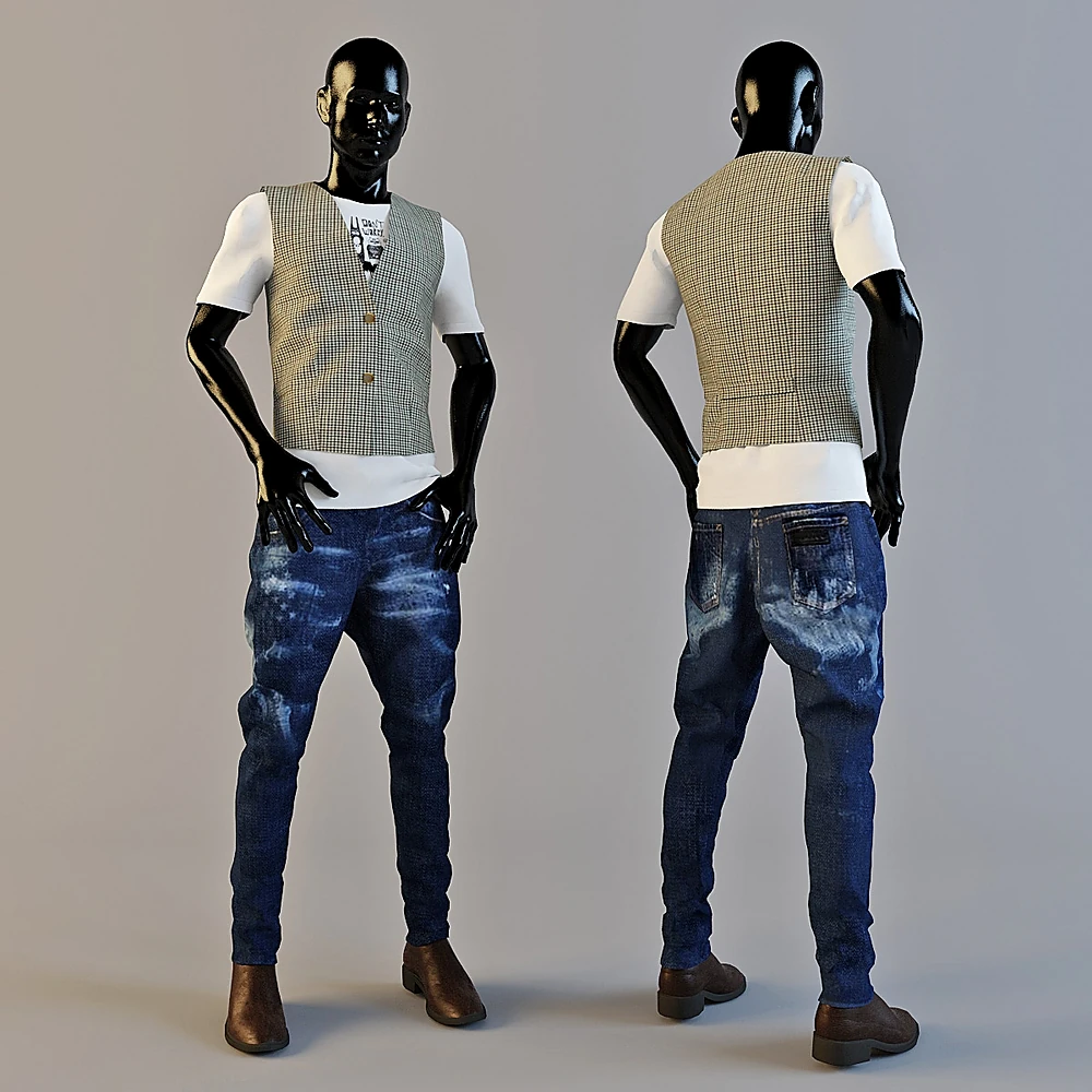 Men's Clothing Set with Distressed Jeans and Vest