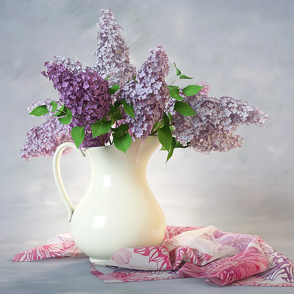 Bouquet of Lilac with White Ceramic Pitcher