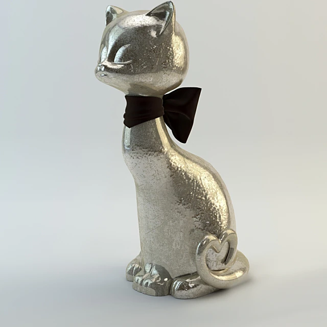Metallic Cat Figurine with Black Bow