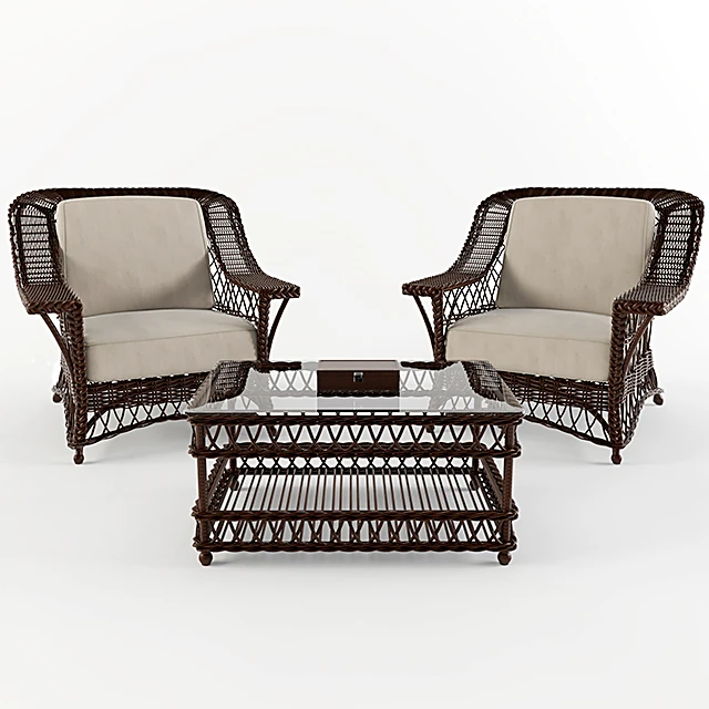 Wicker Armchairs and Coffee Table Set with Woven Wicker Design