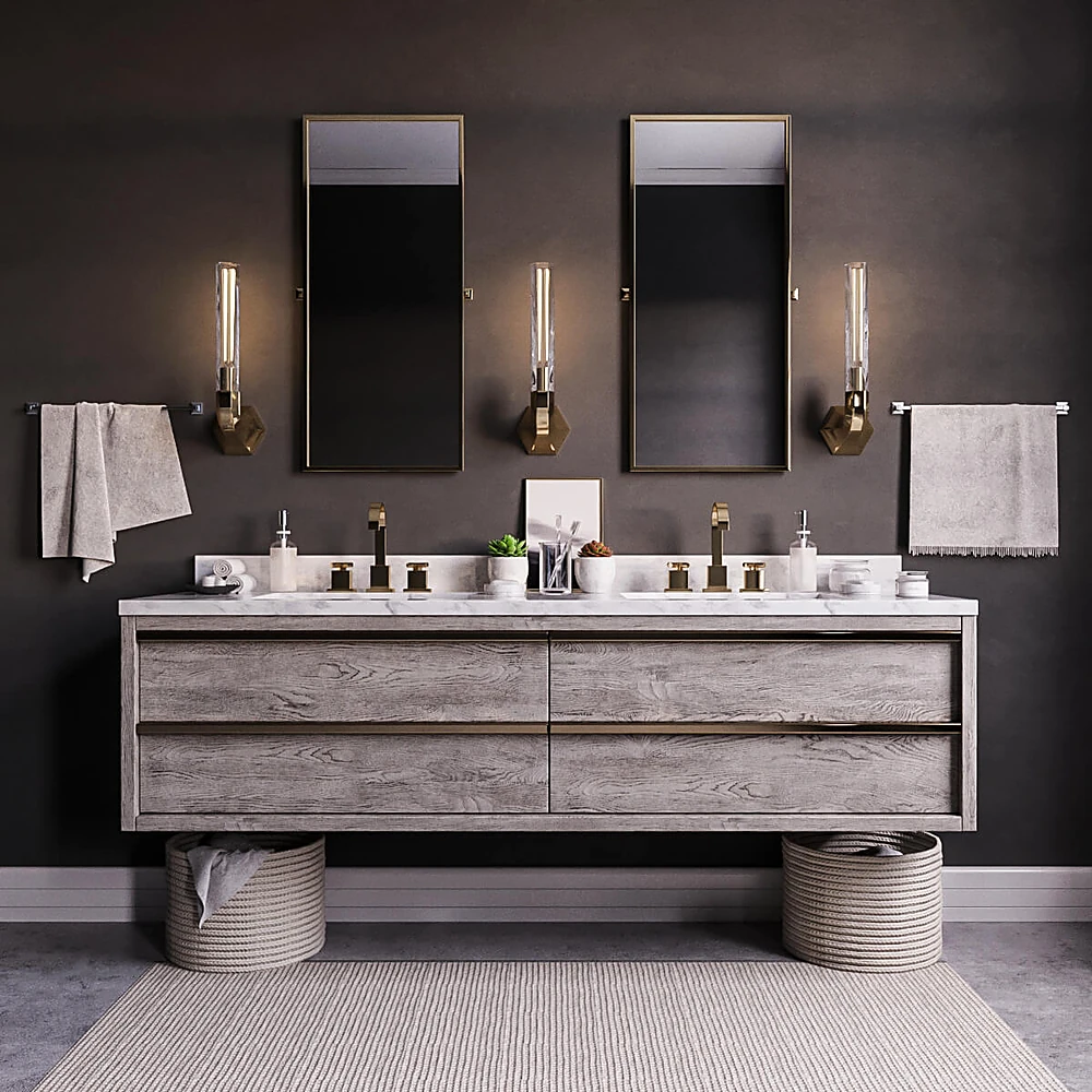 Double Vanity Bathroom Furniture with Wood and Marble Top