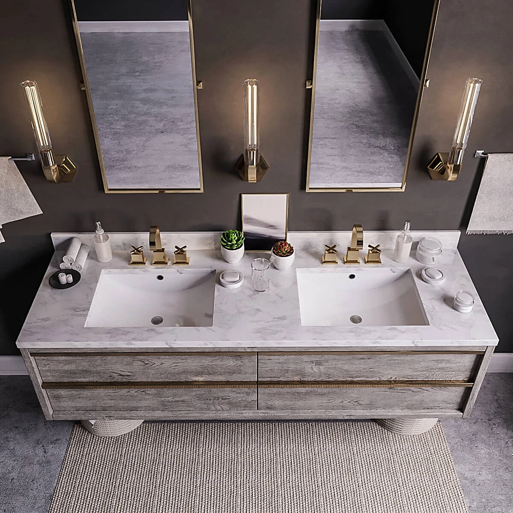 Double Vanity Bathroom Furniture with Wood and Marble Top (4)