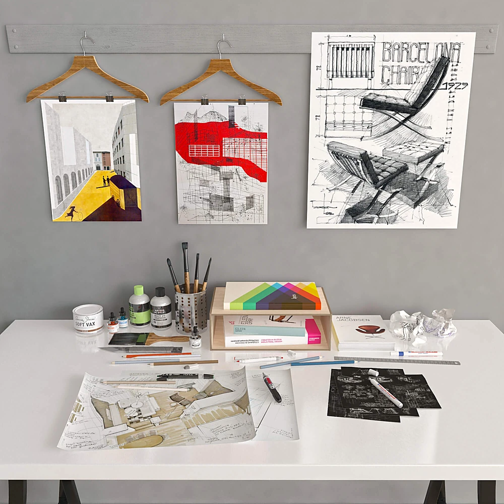 Modern Working Space Set with Art Supplies