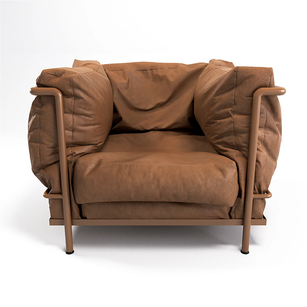 Armchair with Brown Leather and Metal Frame