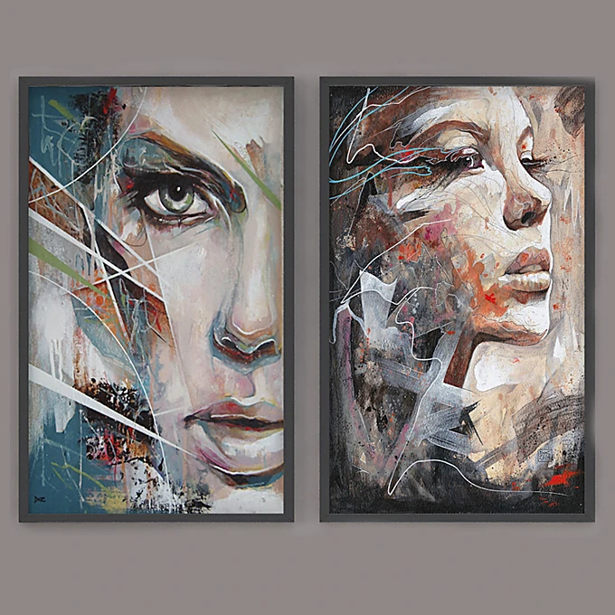 Set of Modern Paintings with Abstract Portraits