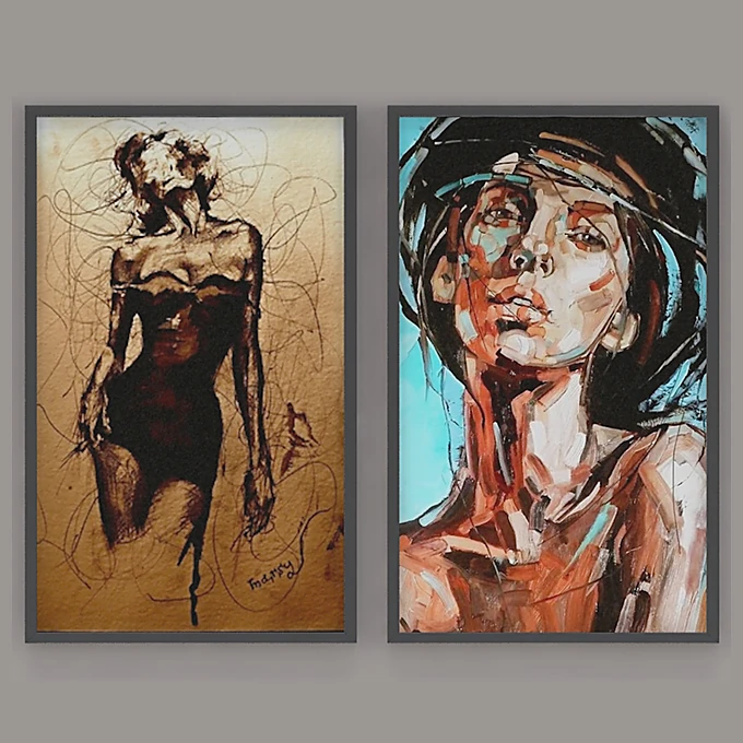 Set of Modern Paintings with Abstract Portraits (2)