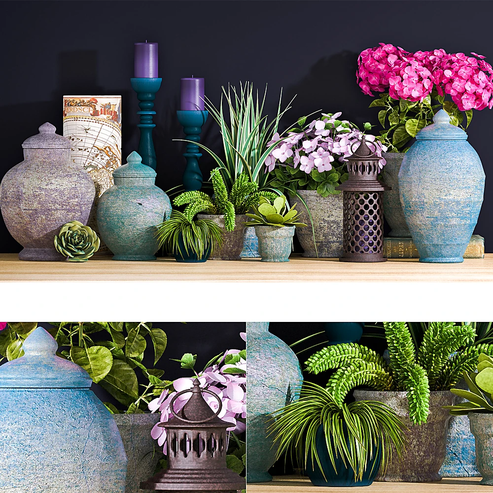 Decorative Set with Eclectic Vases and Plants