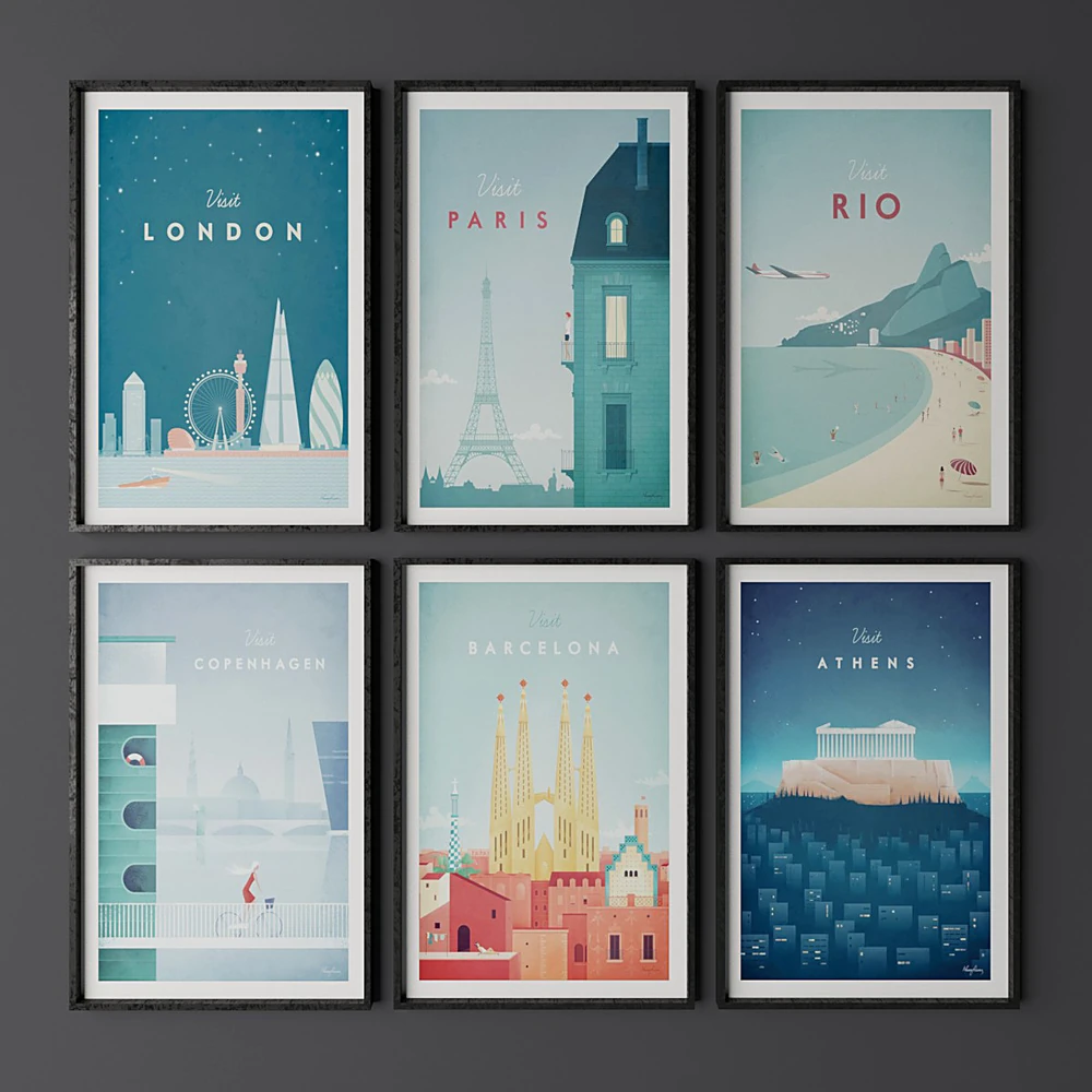 Vintage Travel Poster Set with Minimalist Cityscapes