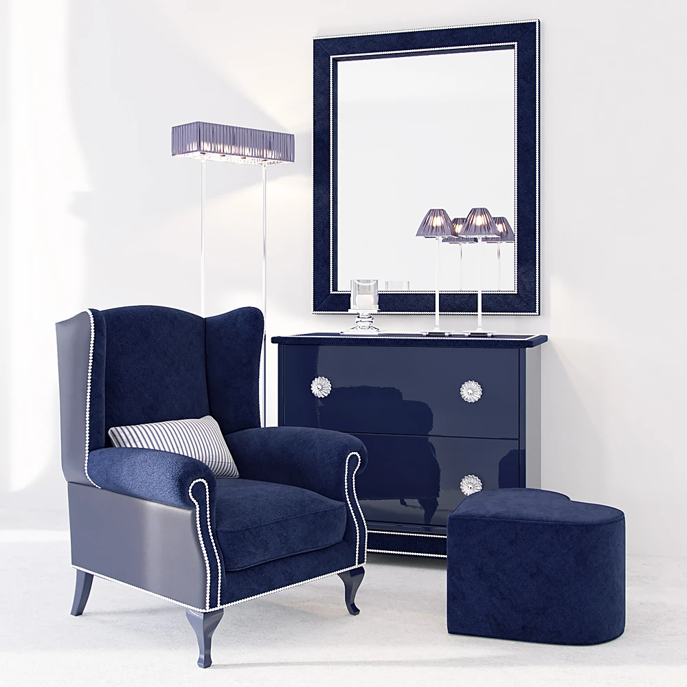 Classic Wingback Armchair with Blue Upholstery