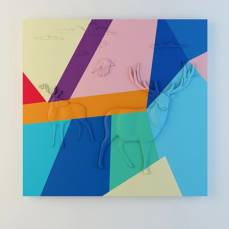 Decorative Panel with Abstract Animals and Geometric Shapes