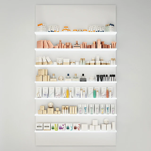 Display Shelf with Cosmetics and Illuminated White Shelves