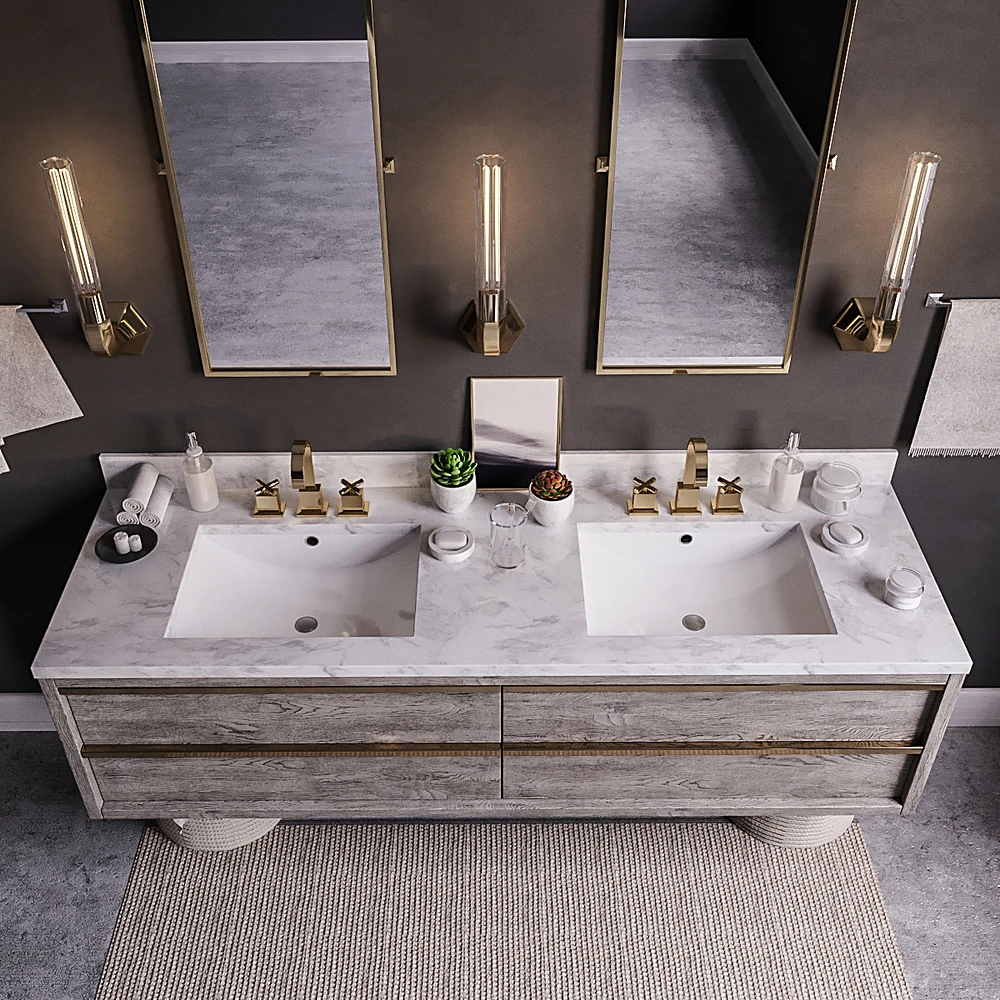 Bathroom Vanity Set with Weathered Wood and Marble (4)