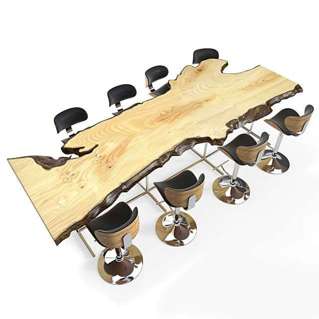 Live-edge Wooden Table with Modern Swivel Chairs