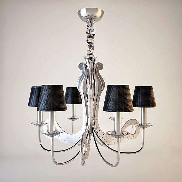 Chandelier with Black Shades and Polished Metal