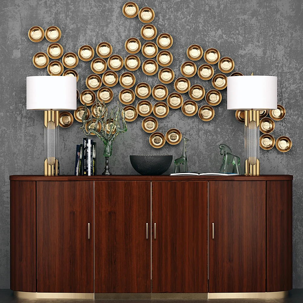 Sideboard Set with Dark Wood and Brass Accents