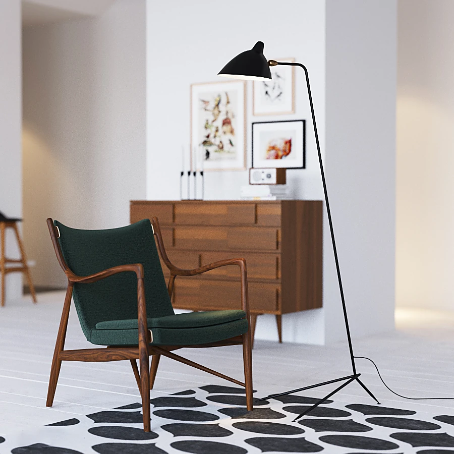 Modern Armchair with Wooden Frame and Floor Lamp
