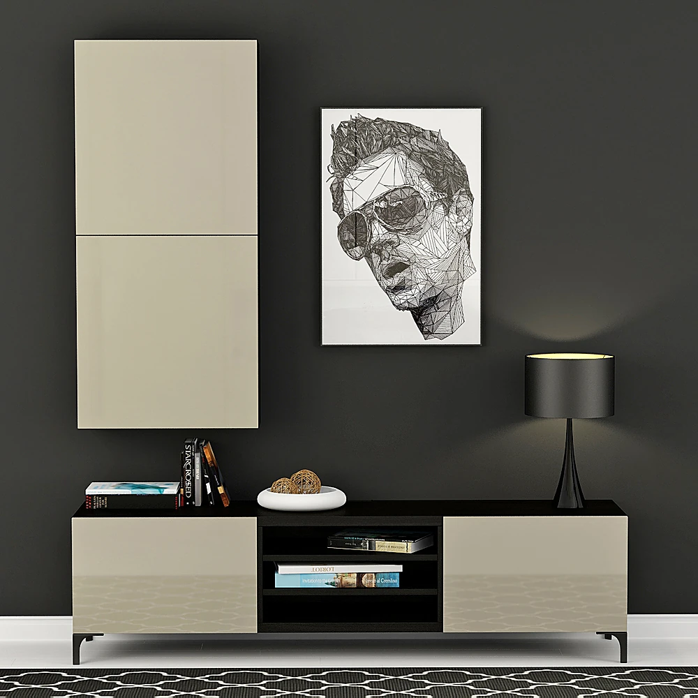 Low chest of drawers with glossy fronts and open shelves