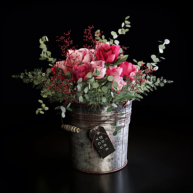 Bouquet of Flowers in a Distressed Metal Bucket
