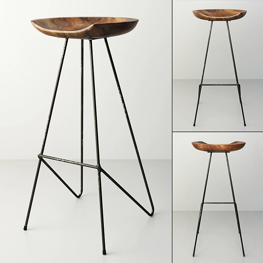 Bar Stool with Sculpted Wooden Seat and Metal Frame