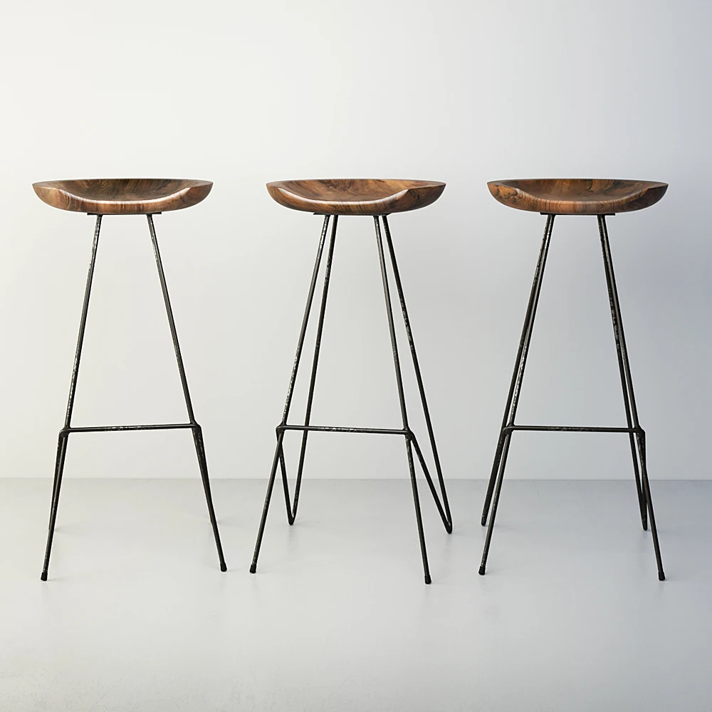 Bar Stool with Sculpted Wooden Seat and Metal Frame (2)